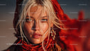 Glamorous Blonde Woman with Blue Eyes Wearing Red Scarf in Studio