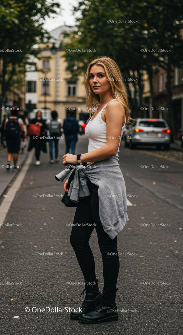 Confident Young Woman in Casual Streetwear Standing on City Street