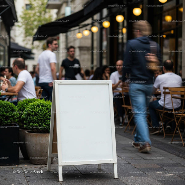 Blank street sign by bustling outdoor cafe in city JPG Mockup Image