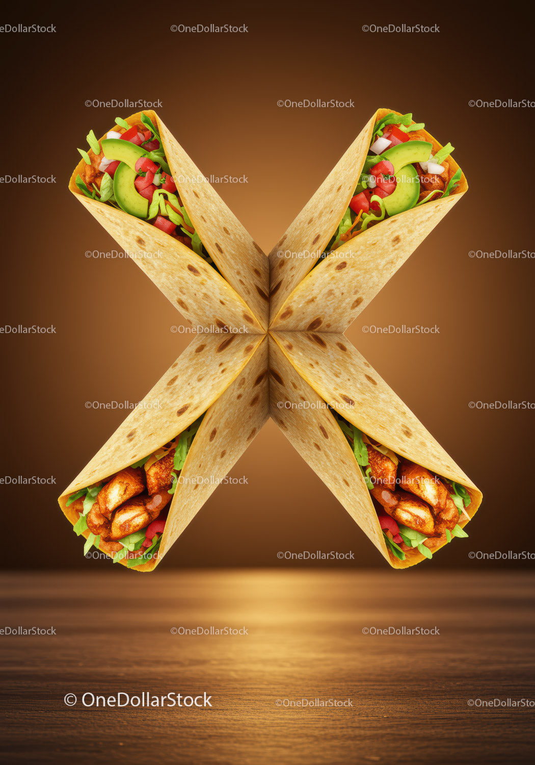 Four Chicken Tacos Arranged in Symmetrical Cross on Wooden Surface