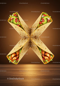 Four Chicken Tacos Arranged in Symmetrical Cross on Wooden Surface