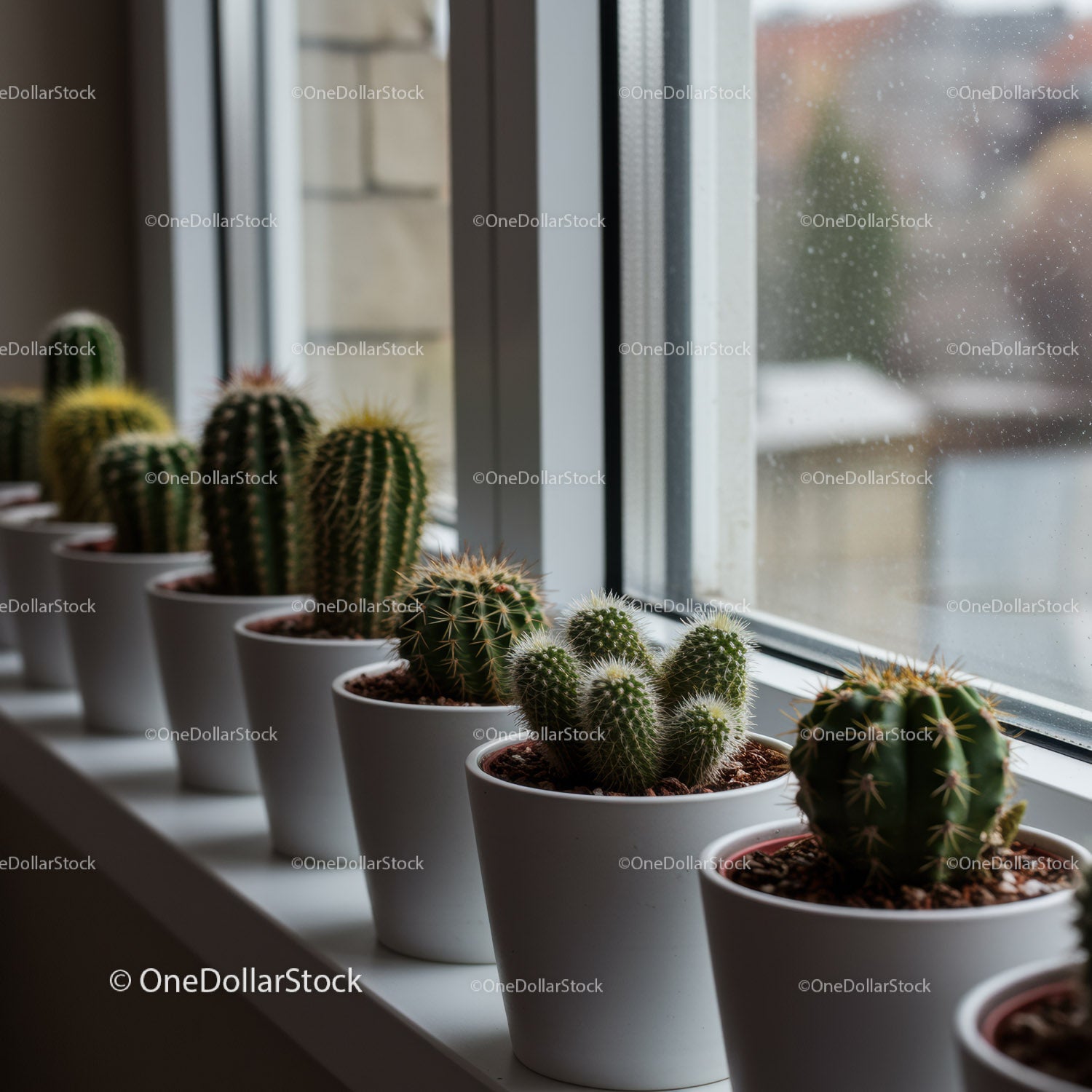 Collection of Green Cacti on Sunlit Windowsill in Modern Home
