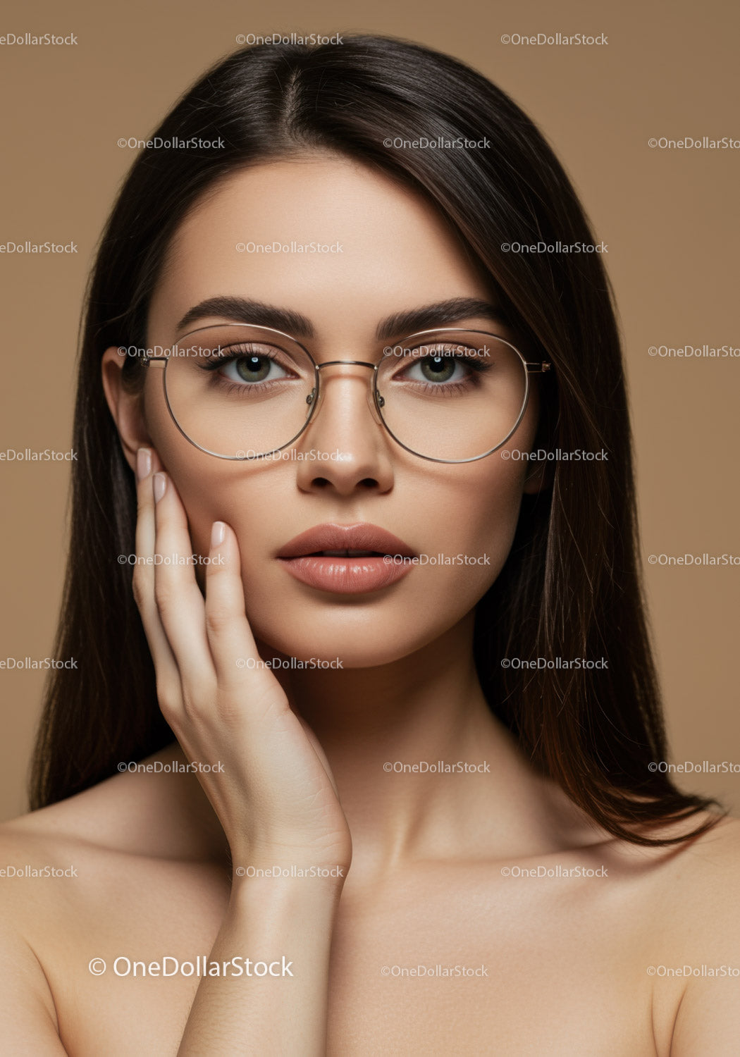 Elegant Young Woman Wearing Stylish Glasses in Studio Portrait