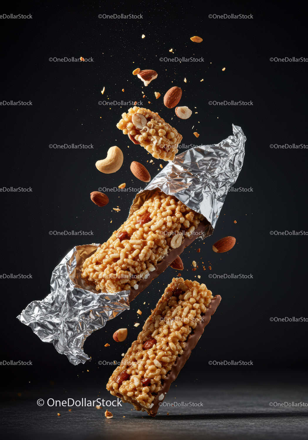 Crispy nut granola bars with flying almonds and cashew