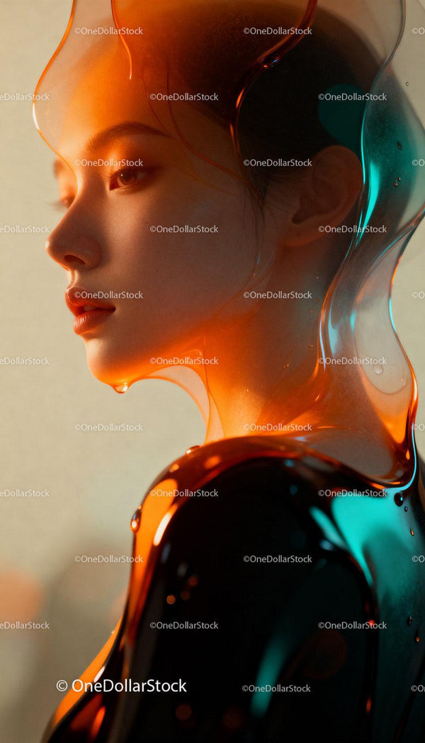 Profile of a Woman Surrounded by Transparent Colorful Fluid