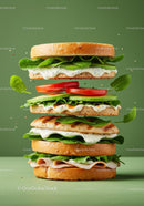 Fresh healthy layered sandwich with grilled chicken and vegetables