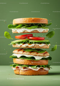 Fresh healthy layered sandwich with grilled chicken and vegetables