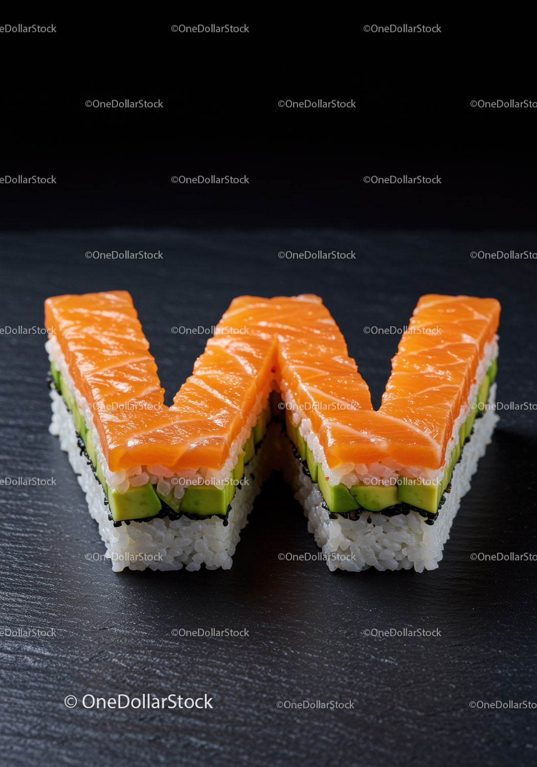 Sushi pieces shaped as letter W with fresh salmon and avocado