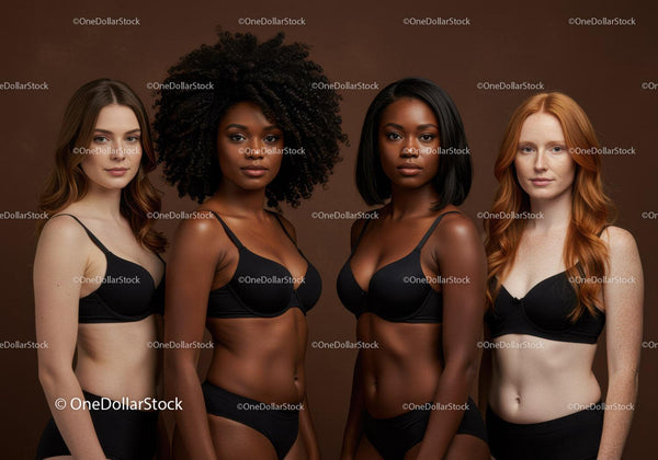 Diverse women in black lingerie with confident expressions