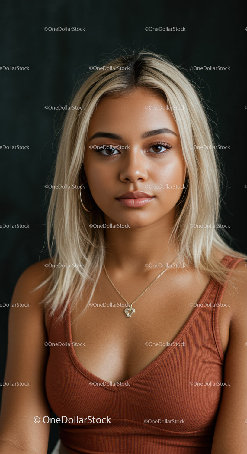 Młoda kobieta z blond włosami w portrecie w rdzawym podkoszulku