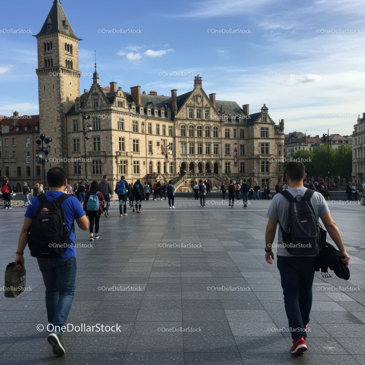Bustling City Square with Tourists and Historic Building in European Town