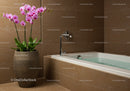 Elegant Bathroom with Pink Orchid and Modern Bathtub in Warm Earth Tones