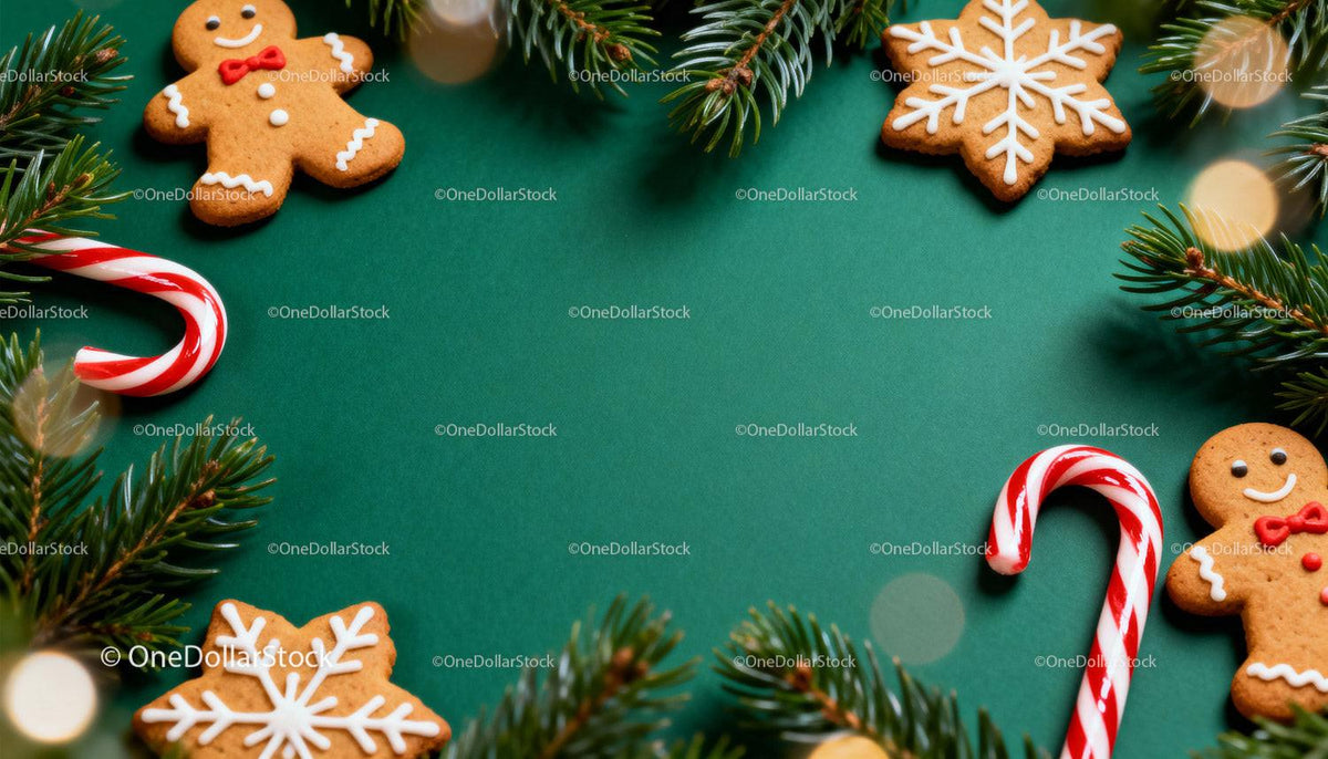 Festive gingerbread cookies and candy canes with pine branches