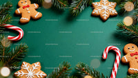 Festive gingerbread cookies and candy canes with pine branches