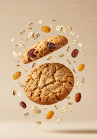 Oatmeal Cookies with Raisins Floating in Air