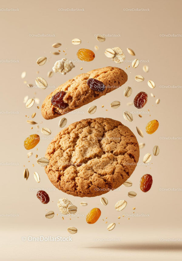 Oatmeal Cookies with Raisins Floating in Air