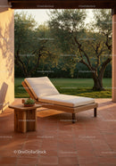 Modern Outdoor Lounge Chair on Terracotta Patio with Garden Views