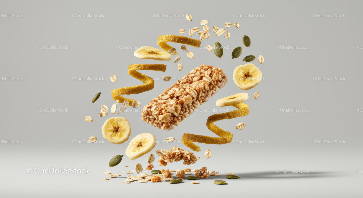 Baton granola z chipsami bananowymi i pestkami w powietrzu