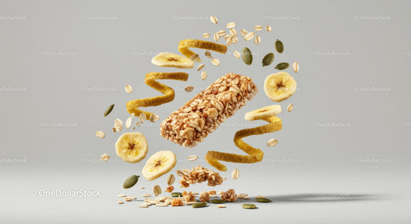 Granola Bar with Banana Chips and Seeds in Air