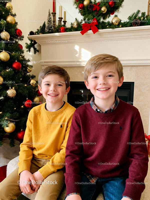 Two happy boys sitting by festive Christmas fireplace