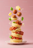 Stack of spaghetti with sauce and meatballs on plate