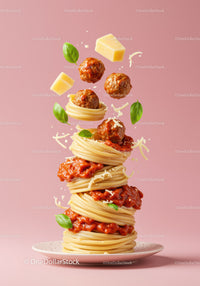 Stack of spaghetti with sauce and meatballs on plate