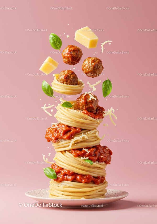 Stack of spaghetti with sauce and meatballs on plate
