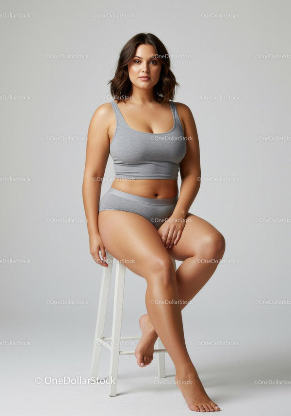 Confident Plus Size Woman Sitting on Stool Wearing Casual Gray Outfit