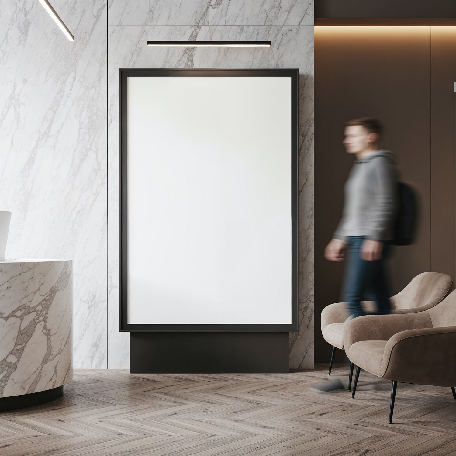 Modern lobby interior with blank vertical poster frame