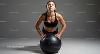 Fitness Woman in Black Sportswear with Exercise Ball in Studio