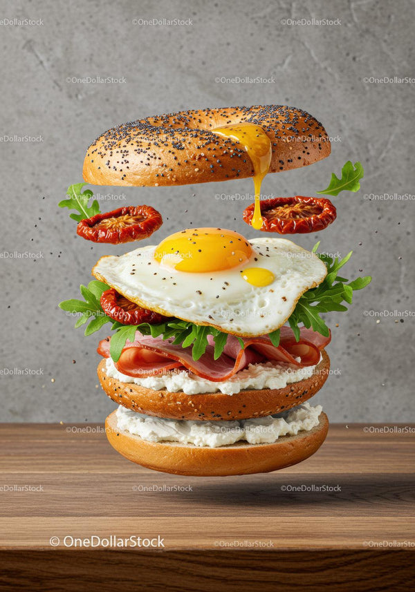 Poppy Seed Bagel Sandwich with Fried Egg and Arugula