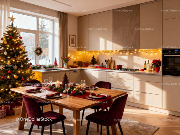 Cozy modern kitchen with festive Christmas dining setup