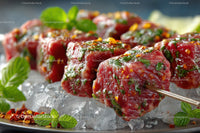Juicy Marinated Beef Skewers on Ice with Fresh Herbs