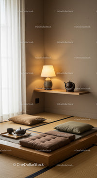 Minimalist Japanese Tea Corner with Cushions and Warm Lighting