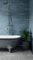 Classic clawfoot bathtub with blue tiled wall and plant