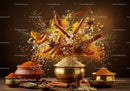 Variety of Spices and Rice Exploding from Brass Bowls