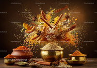 Variety of Spices and Rice Exploding from Brass Bowls