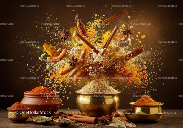 Variety of Spices and Rice Exploding from Brass Bowls