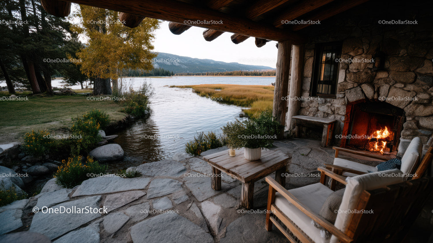 Scenic Lakeside Lounge with Fireplace and Mountain View