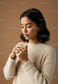 Elegant Woman in Beige Sweater with Soft Expression