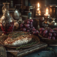 Gourmet Meat with Herb Garnish and Grape Clusters in Luxurious Setting