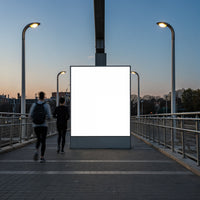 Evening joggers passing illuminated urban billboard
