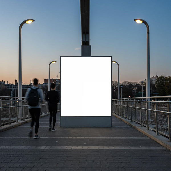 Evening joggers passing illuminated urban billboard JPG Mockup Image