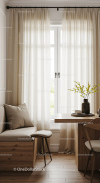 Elegant Living Room with Beige Curtains and Natural Light