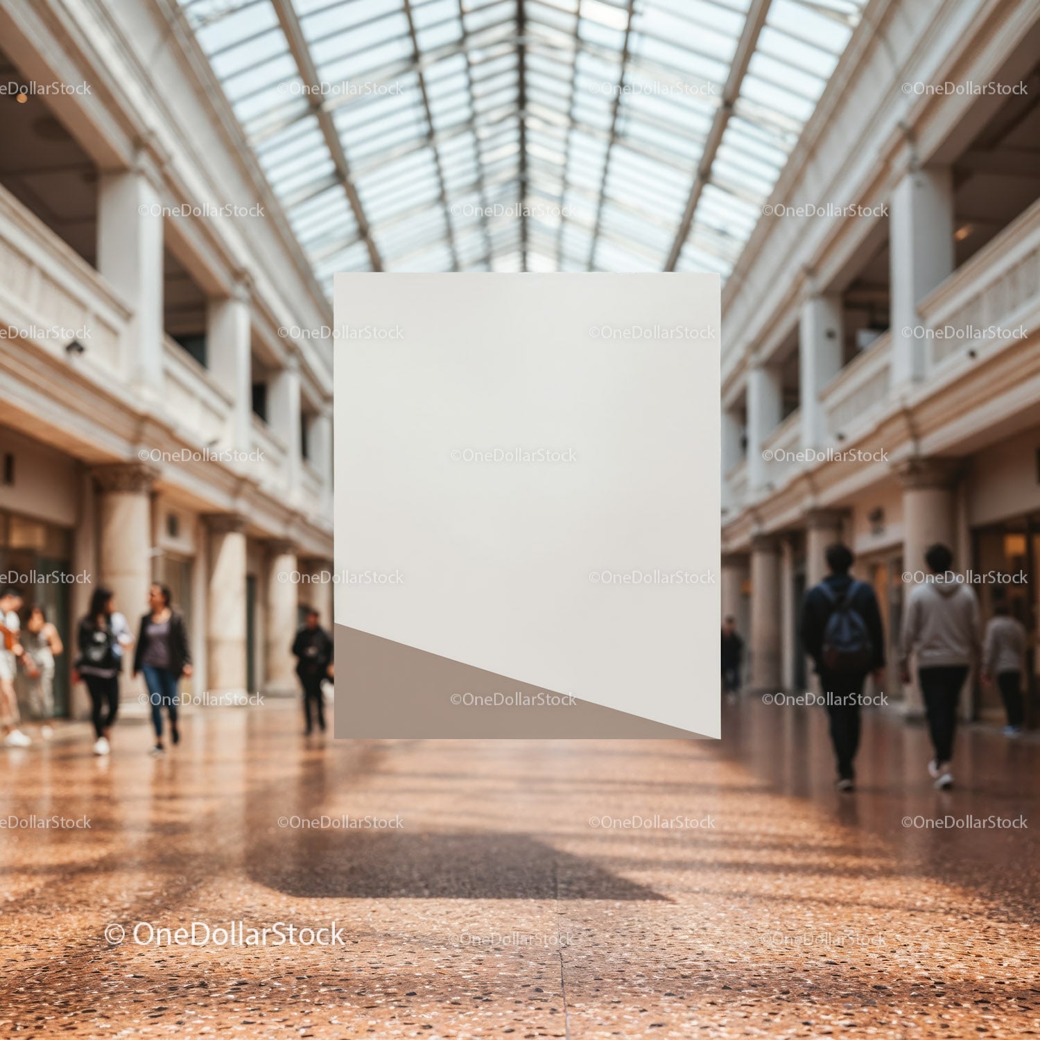 Modern Shopping Mall Interior with Glass Roof and Pedestrians