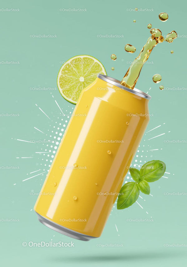 Refreshing Citrus Beverage Splash in Bright Yellow Can JPG Mockup Image
