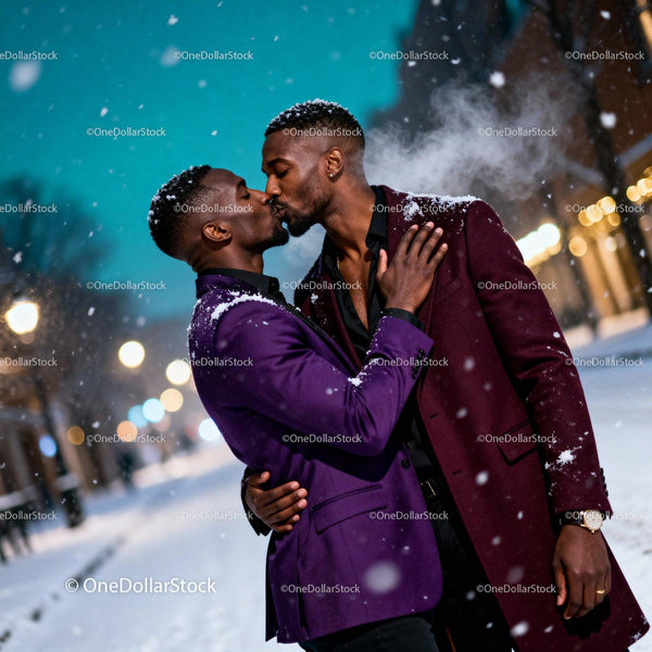 Two men sharing tender kiss on snowy winter evening