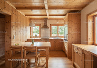 Bright Rustic Wood Kitchen with Large Windows and Cozy Atmosphere