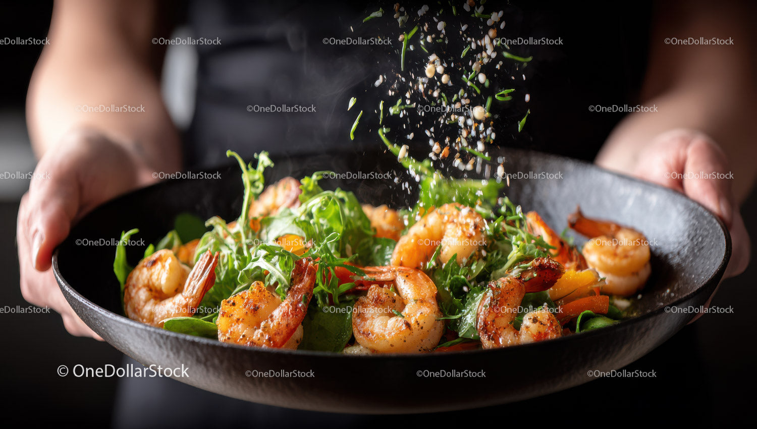 Shrimp and Vegetables Sautéed in a Black Pan with Fresh Herbs