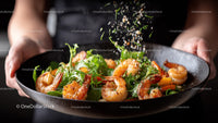 Shrimp and Vegetables Sautéed in a Black Pan with Fresh Herbs